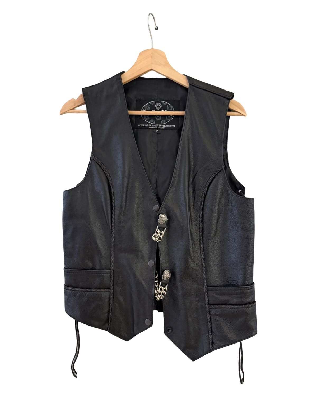 Chaleco vintage de cuero de los años 90 con cadena plateada de Chrome Hearts