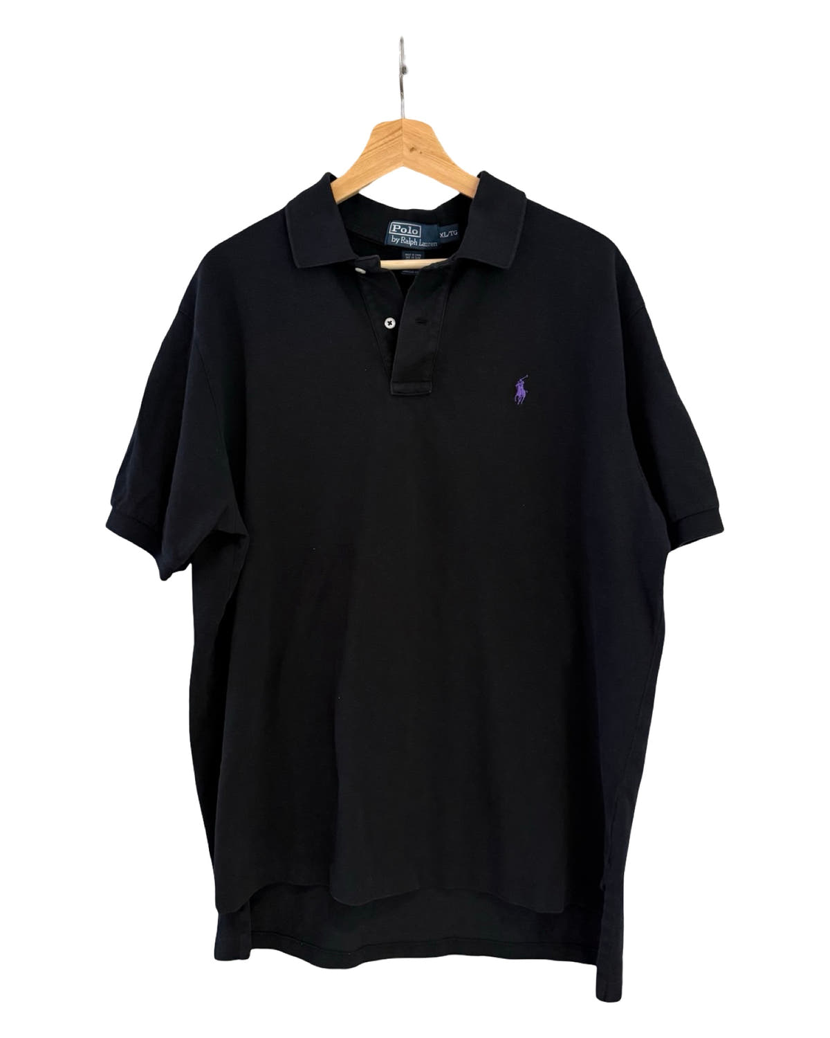 Camisa vintage Polo Ralph Lauren negra con logotipo morado