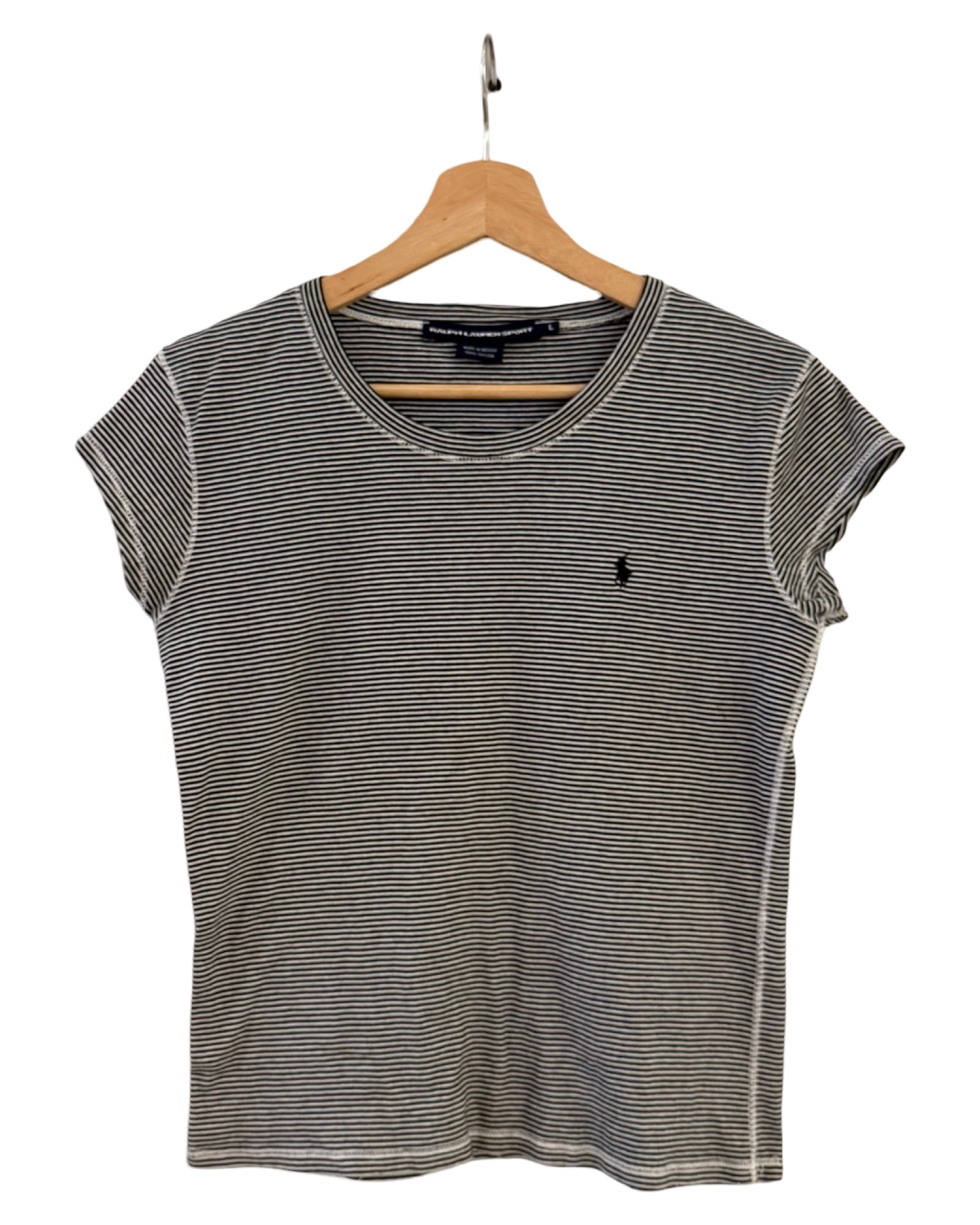 Womens Vintage Ralph Lauren Sport White Black Striped Tee