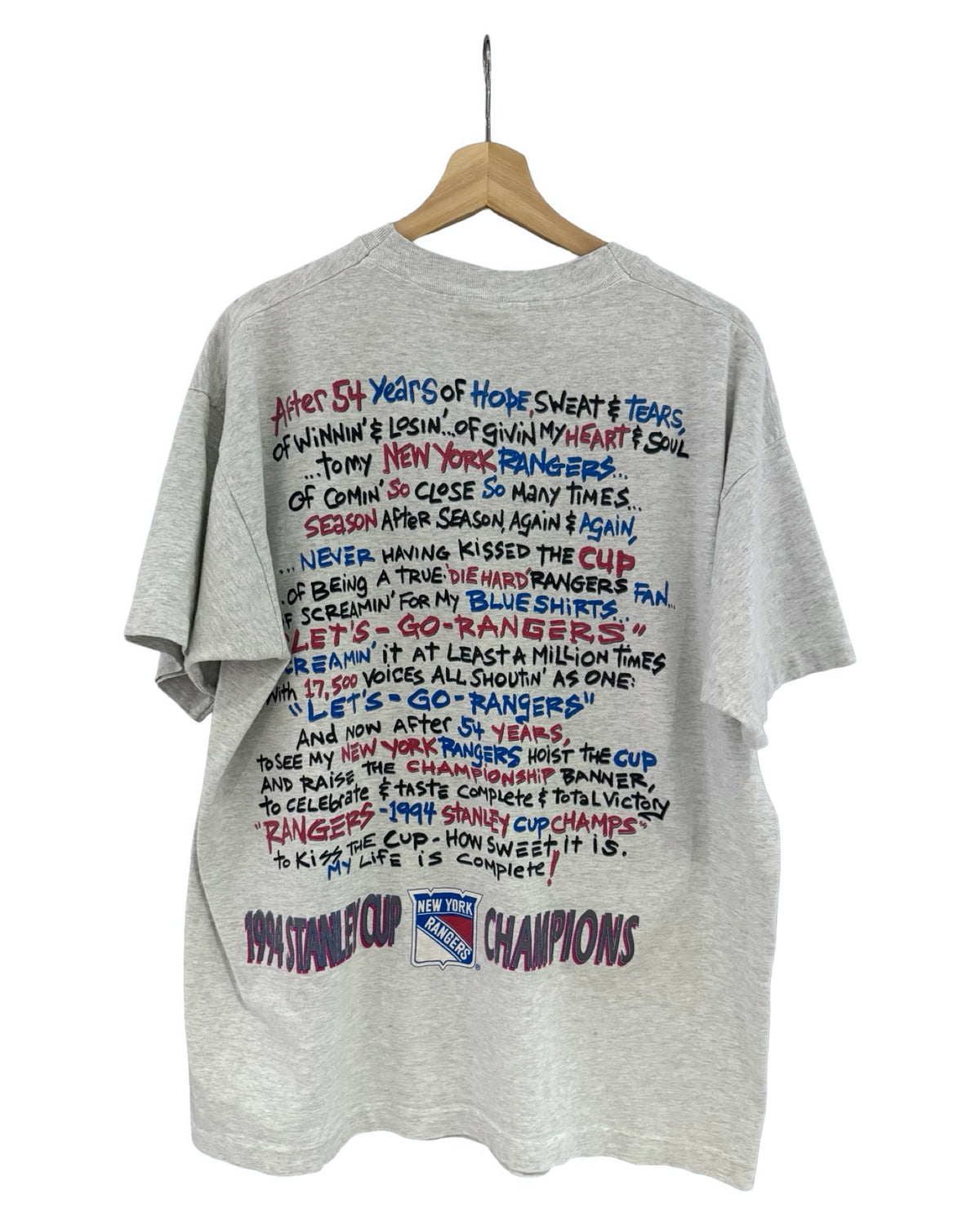 Vintage 1994 New York Rangers Stanley Cup NHL Kiss The Cup Tee