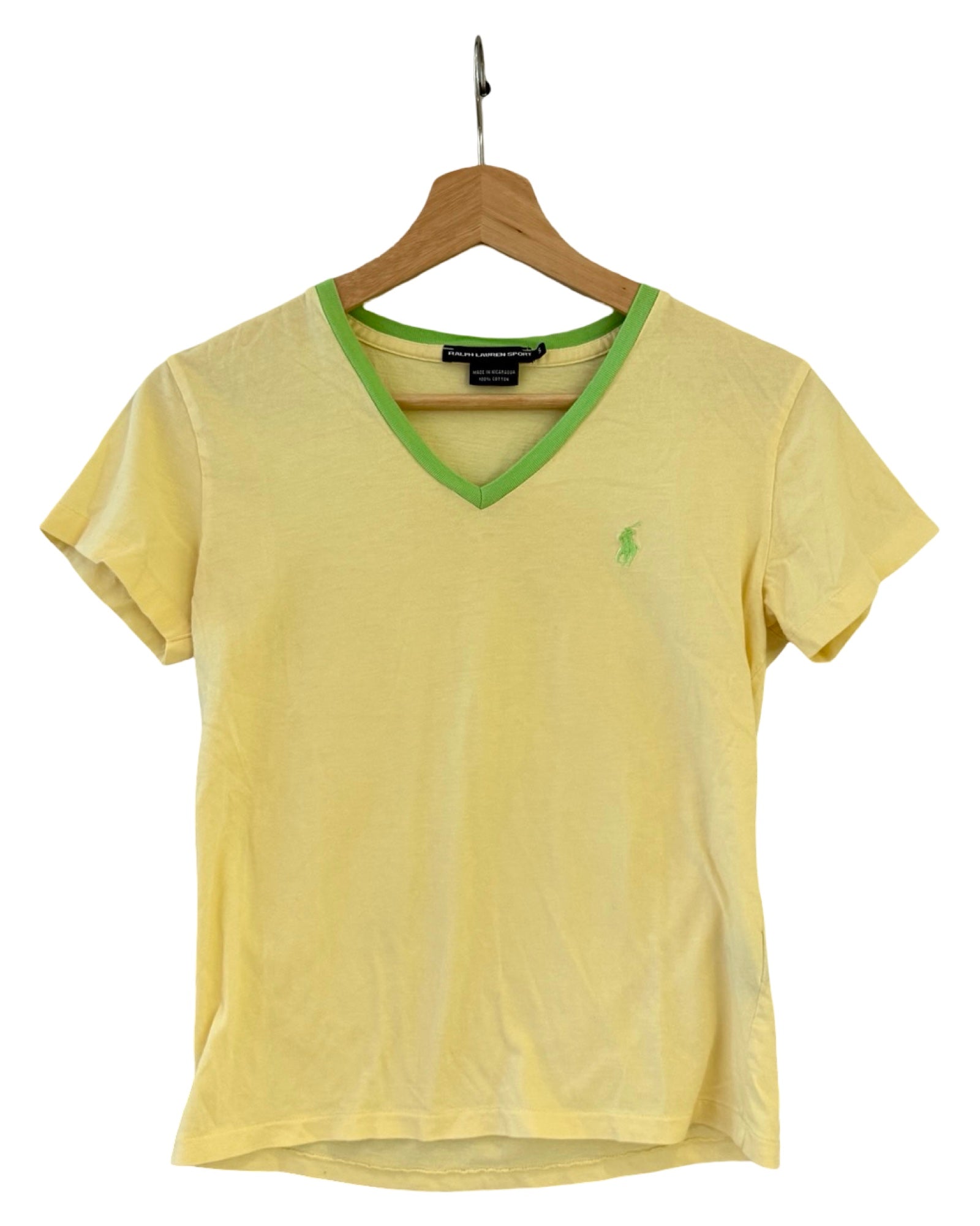 Womens Vintage Ralph Lauren Sport Yellow Green V Neck Tee