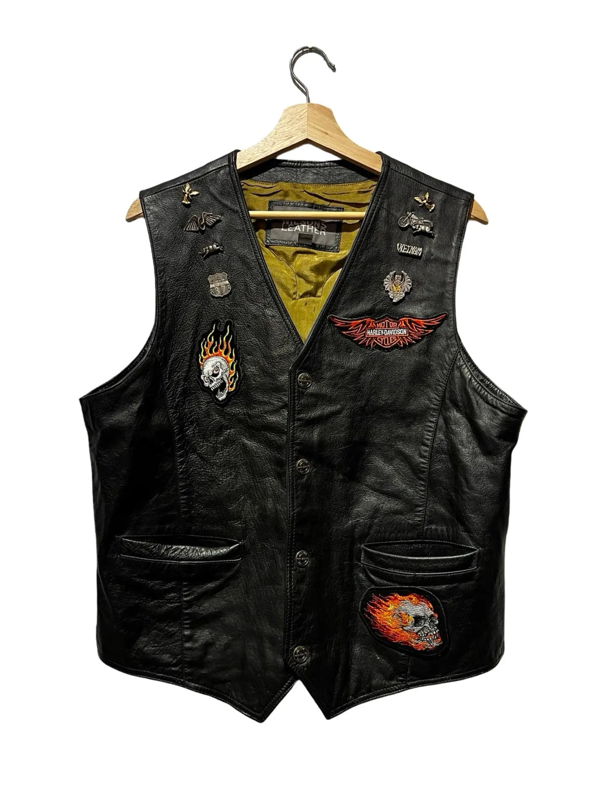Vintage 90s Harley Davidson Leather Vest 9/11 Vietnam Pins 3rdStrike