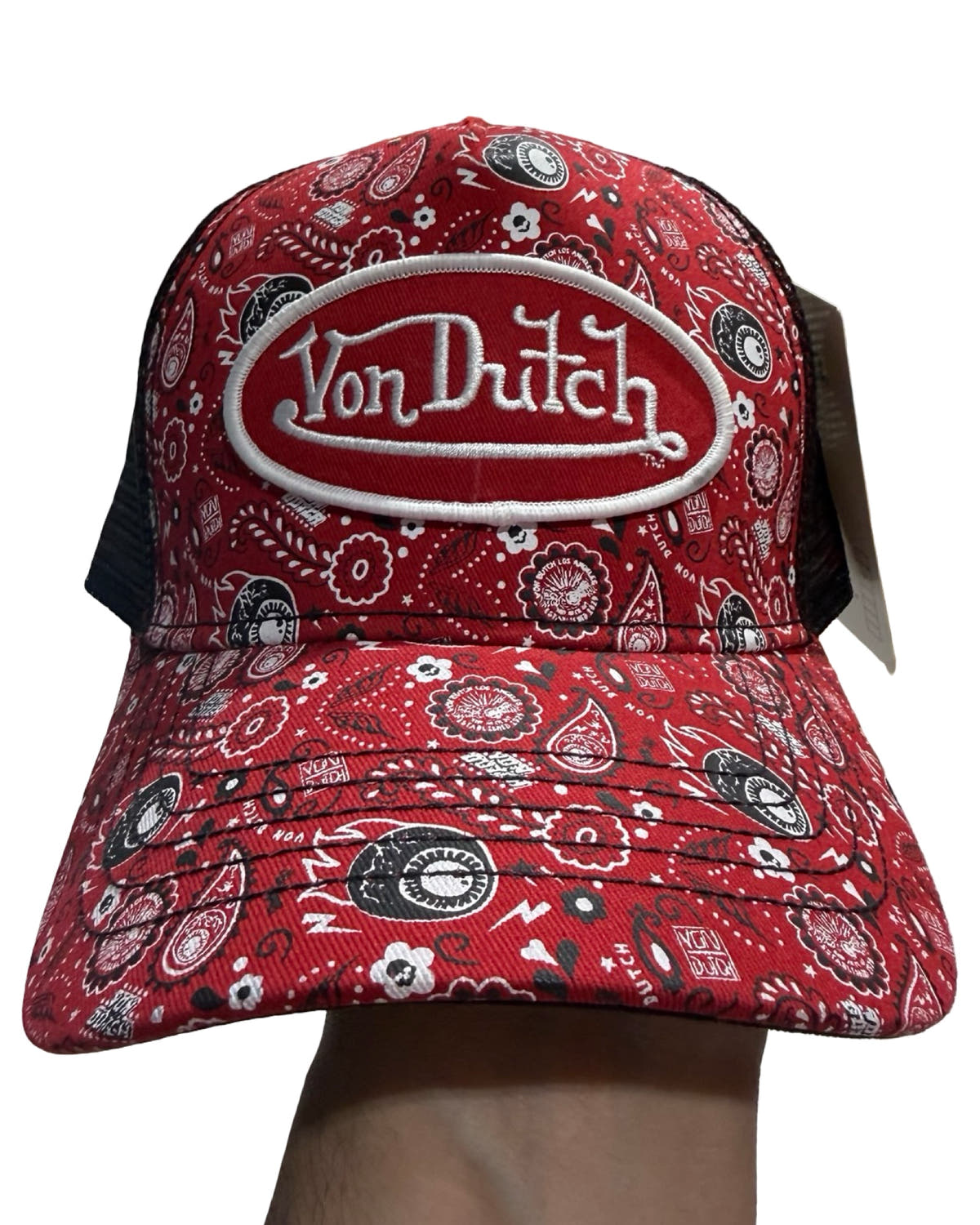 Gorra de camionero Von Dutch con estampado de cachemira rojo (muestra)