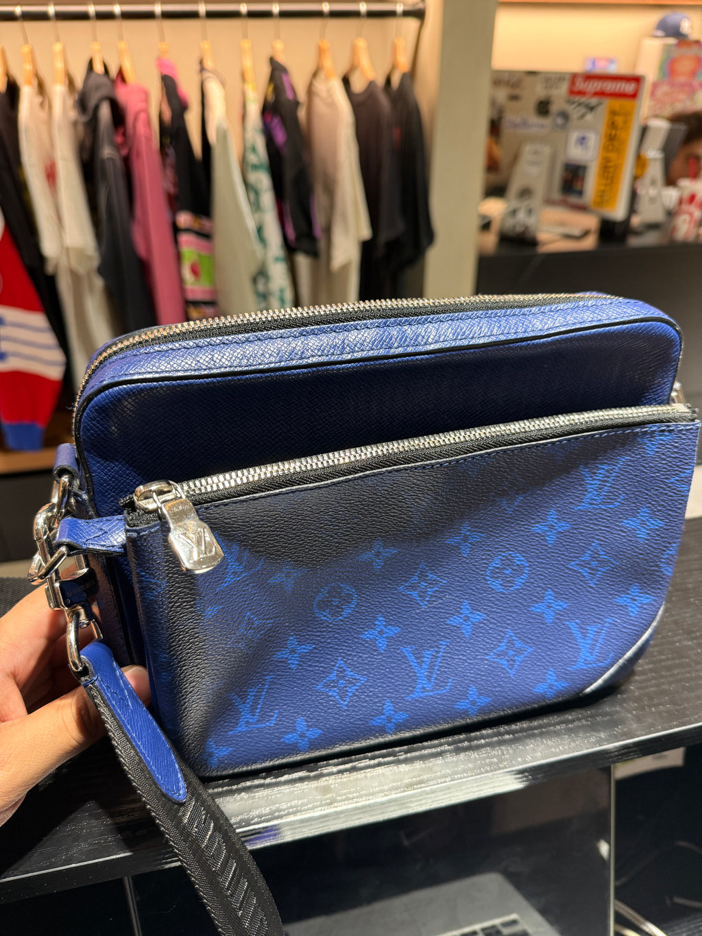 Louis Vuitton Trio Monogram Taigarama Cobalt Blue Messenger Bag KIF Vintage