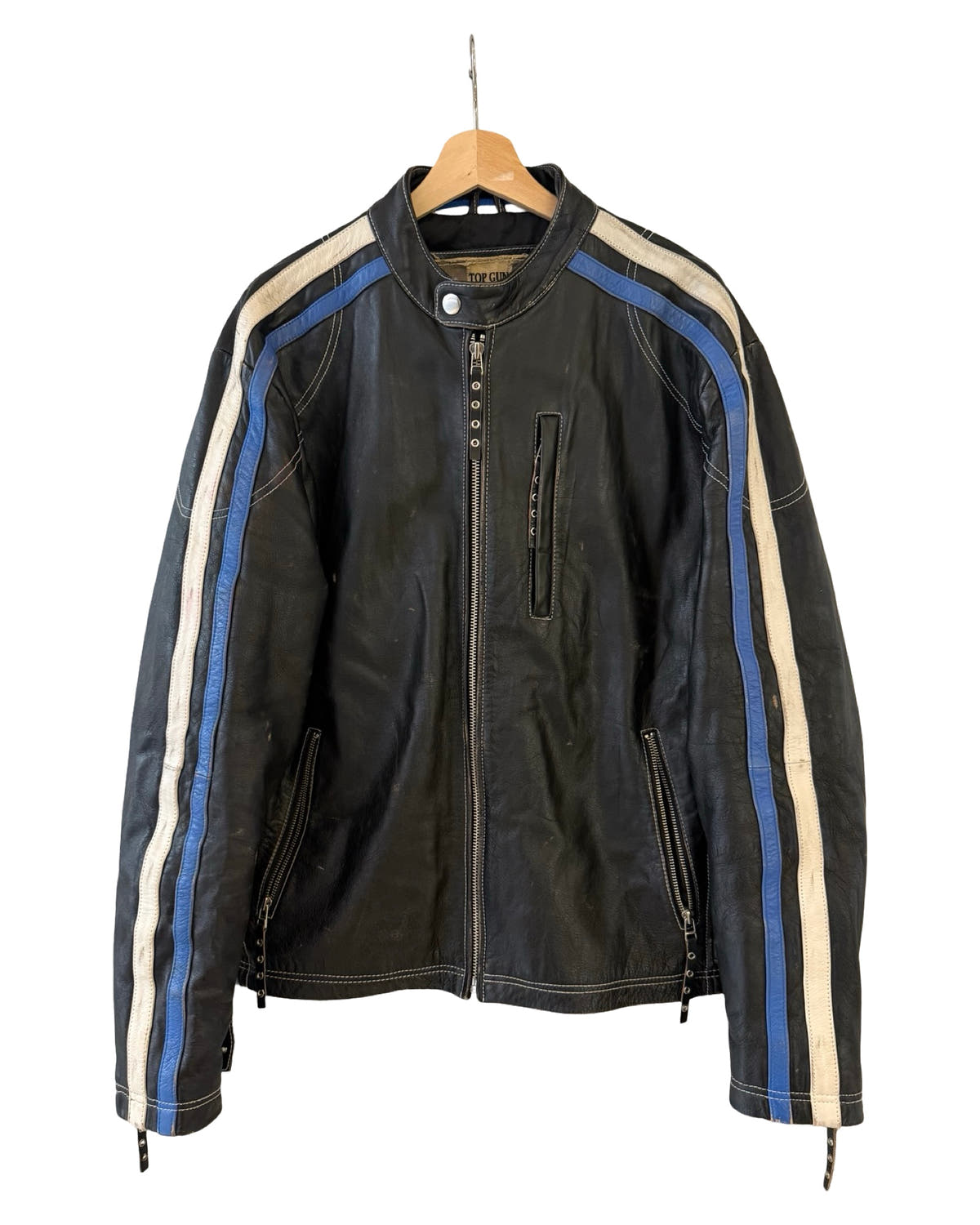 Vintage 90s Top Gun Blue White Striped Leather Motorcycle Jacket