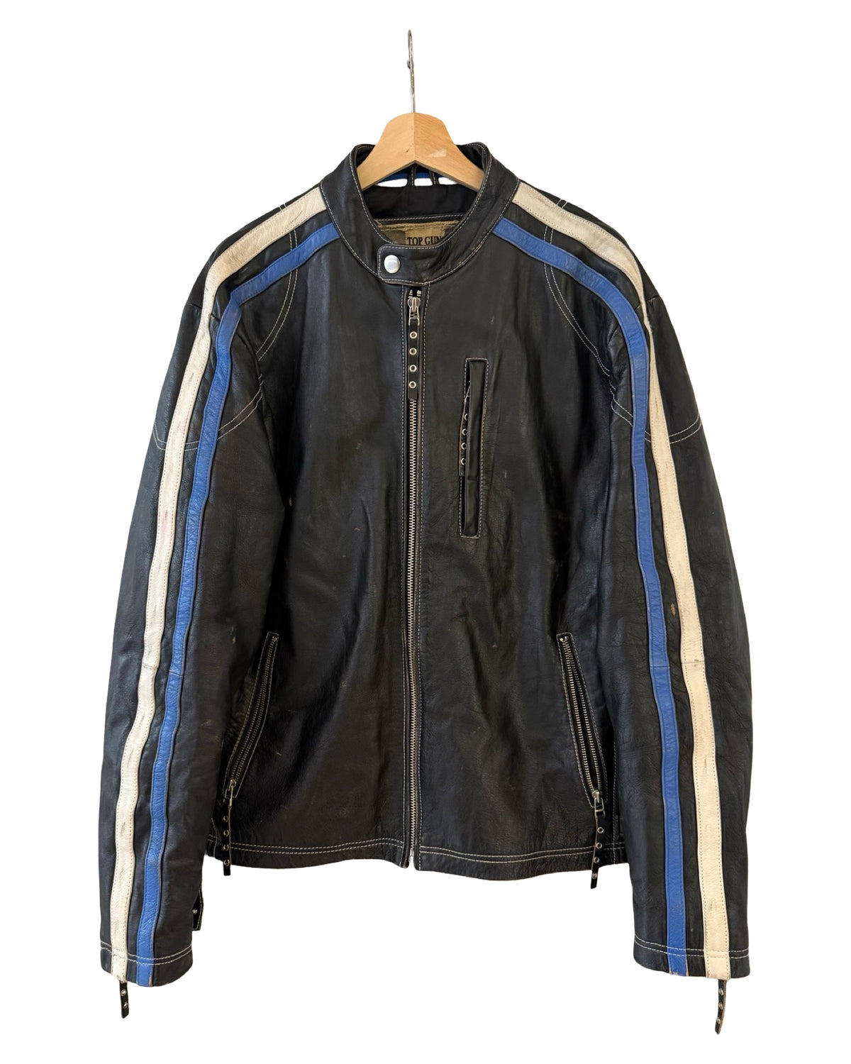 Vintage 90s Top Gun Blue White Striped Leather Motorcycle Jacket