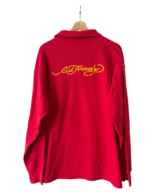 Vintage y2k Ed Hardy Red Skull Long Sleeve Polo Shirt