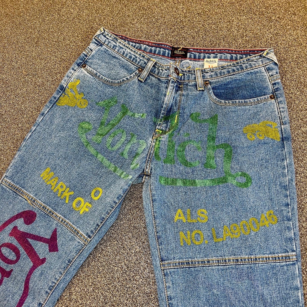 W 13 / M 32 x 32 Vintage Von Dutch Sample Big Print Jeans KIF Vintage